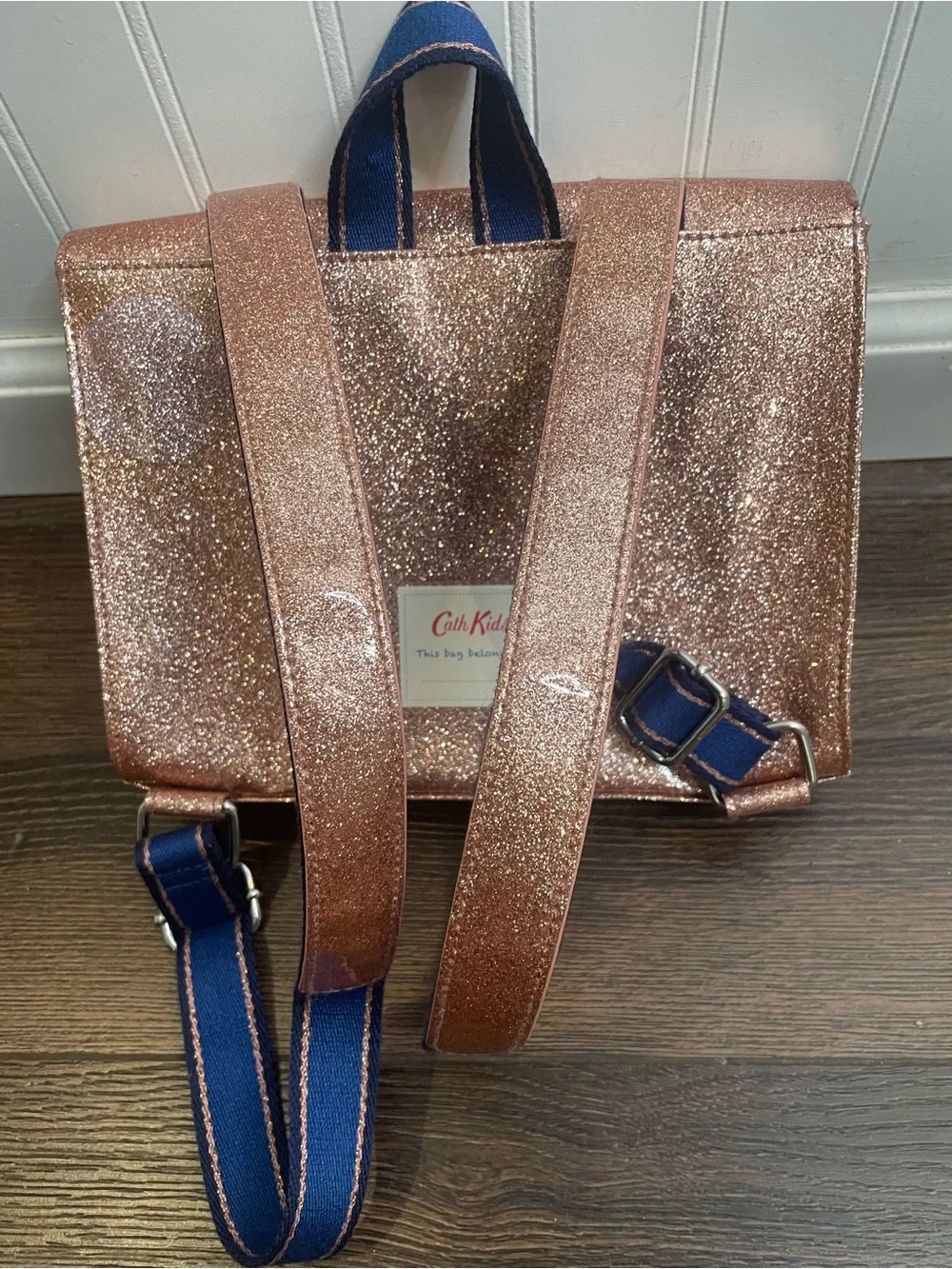 Cath Kidston Rose Gold Pink Glitter Backpack with Navy Adjustable Straps